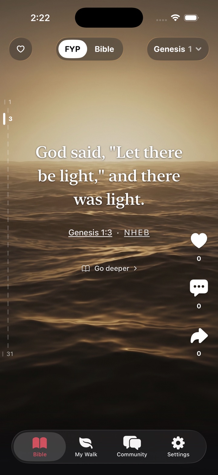 Genesis 1:3 in Bible FYP, light over the waters